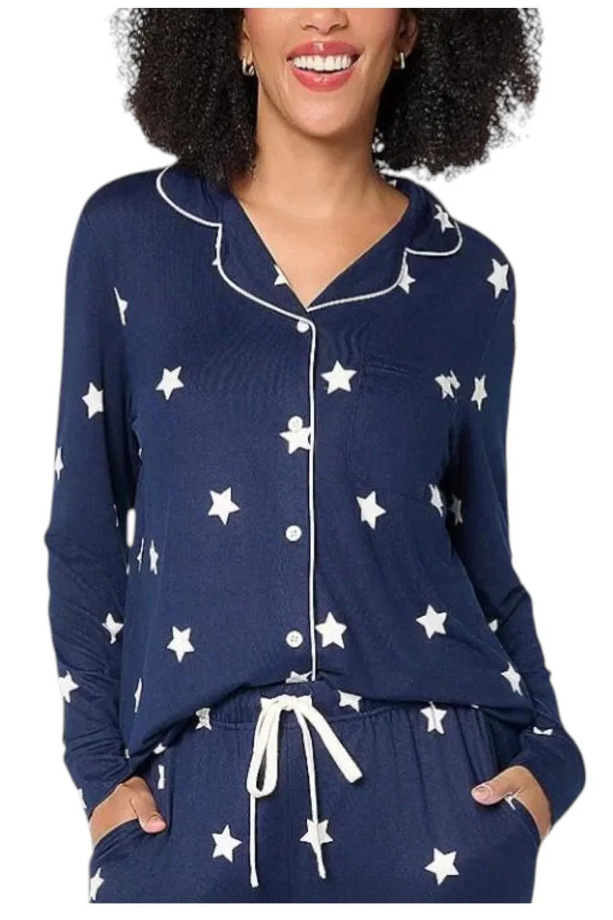 By Jill Martin Women's Long Sleeve Notch Collar PJ Top Navy Stars - Regular
